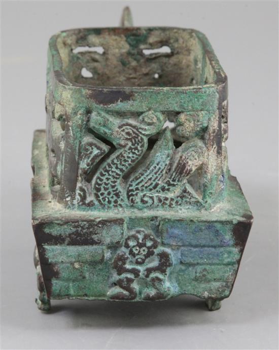 A Chinese archaic bronze brazier, Eastern Han dynasty, 25-220 A.D., 18.5cm long, 9.5cm high